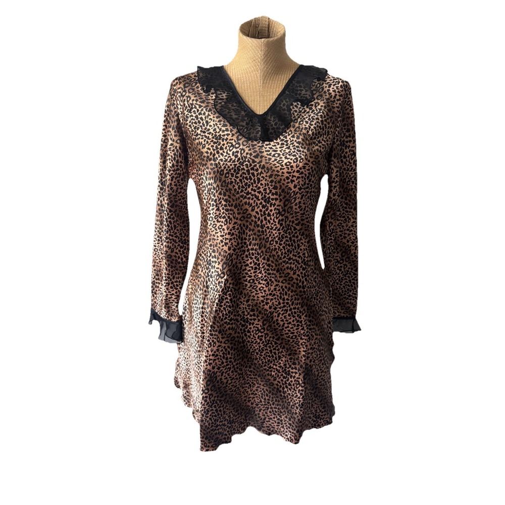 Vtg Y2K Nightgown Slip Dress‎ Cheetah Animal Print Long Sleeve Leopard Halloween